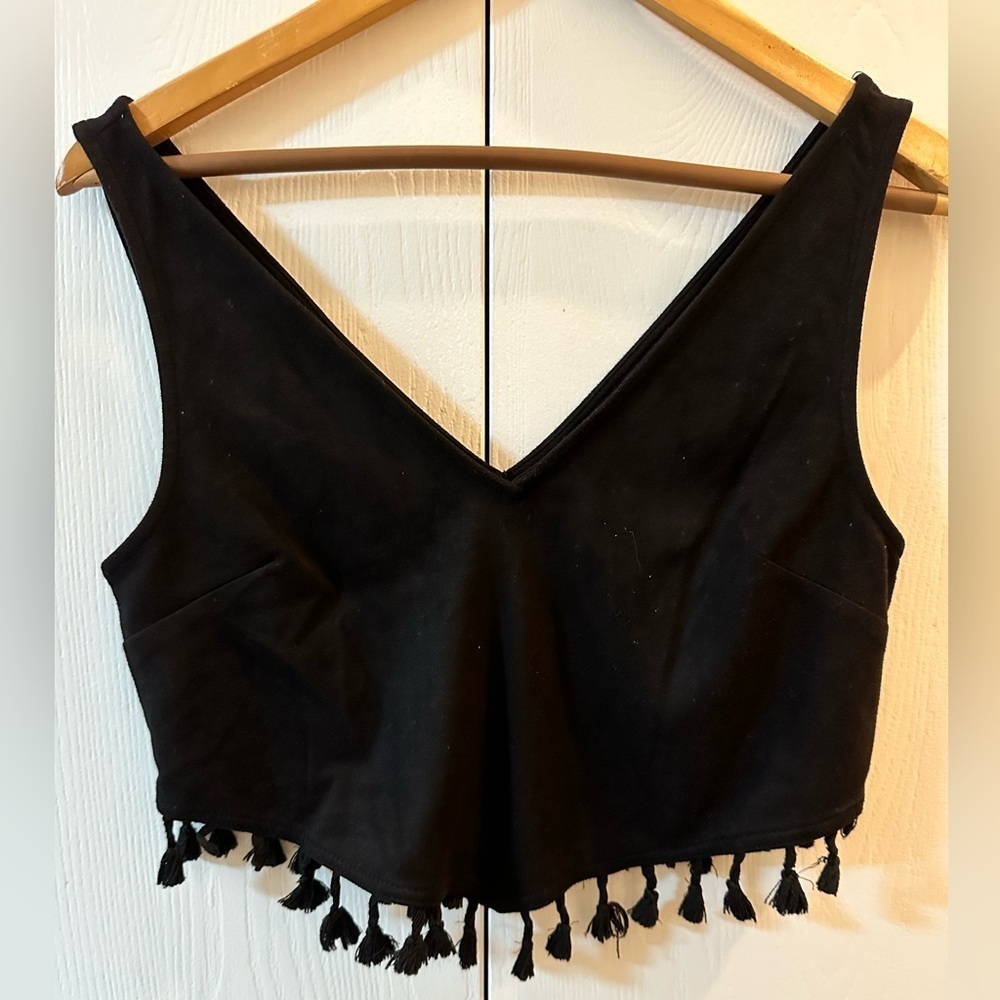 Design Lab Black Tassel Trim Women's Double V Angled Crop Top